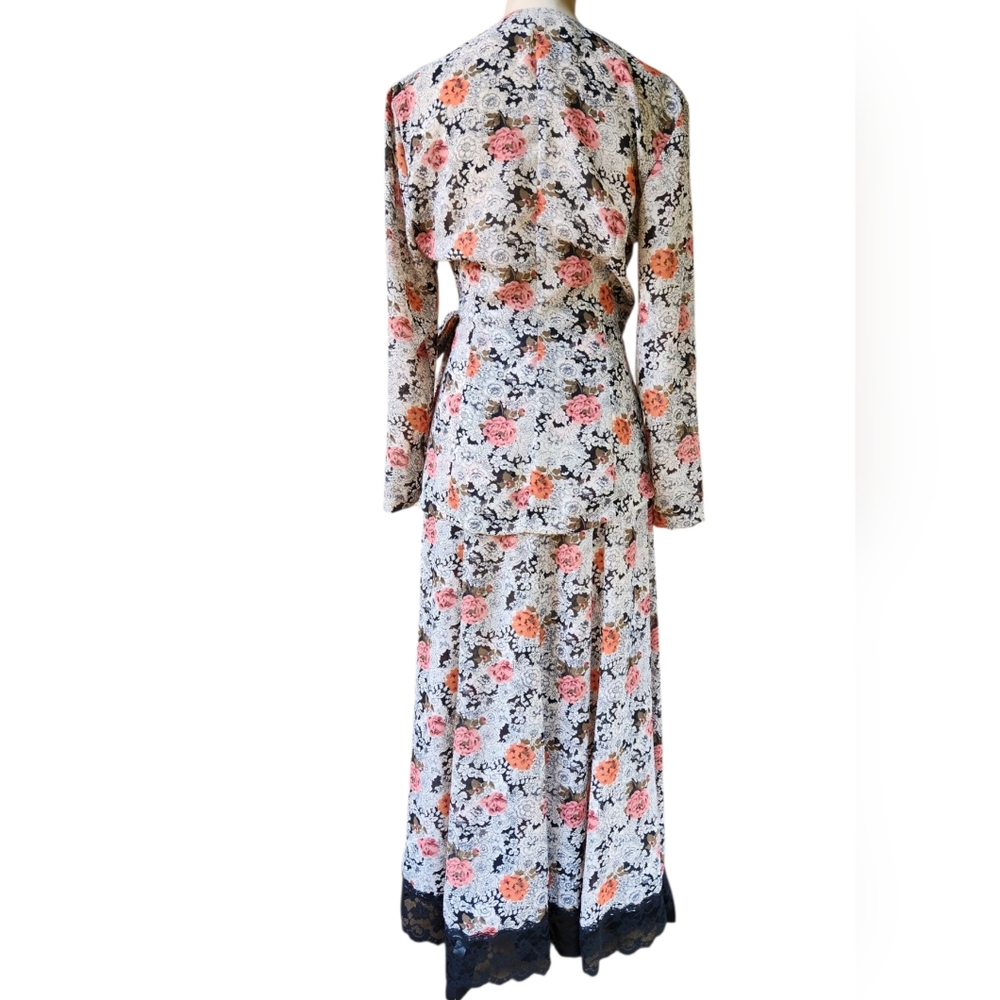 Vintage Judy Knapp Floral Wrap Skirt Set Black Lace Cottagecore Regencycore - Picture 12 of 12